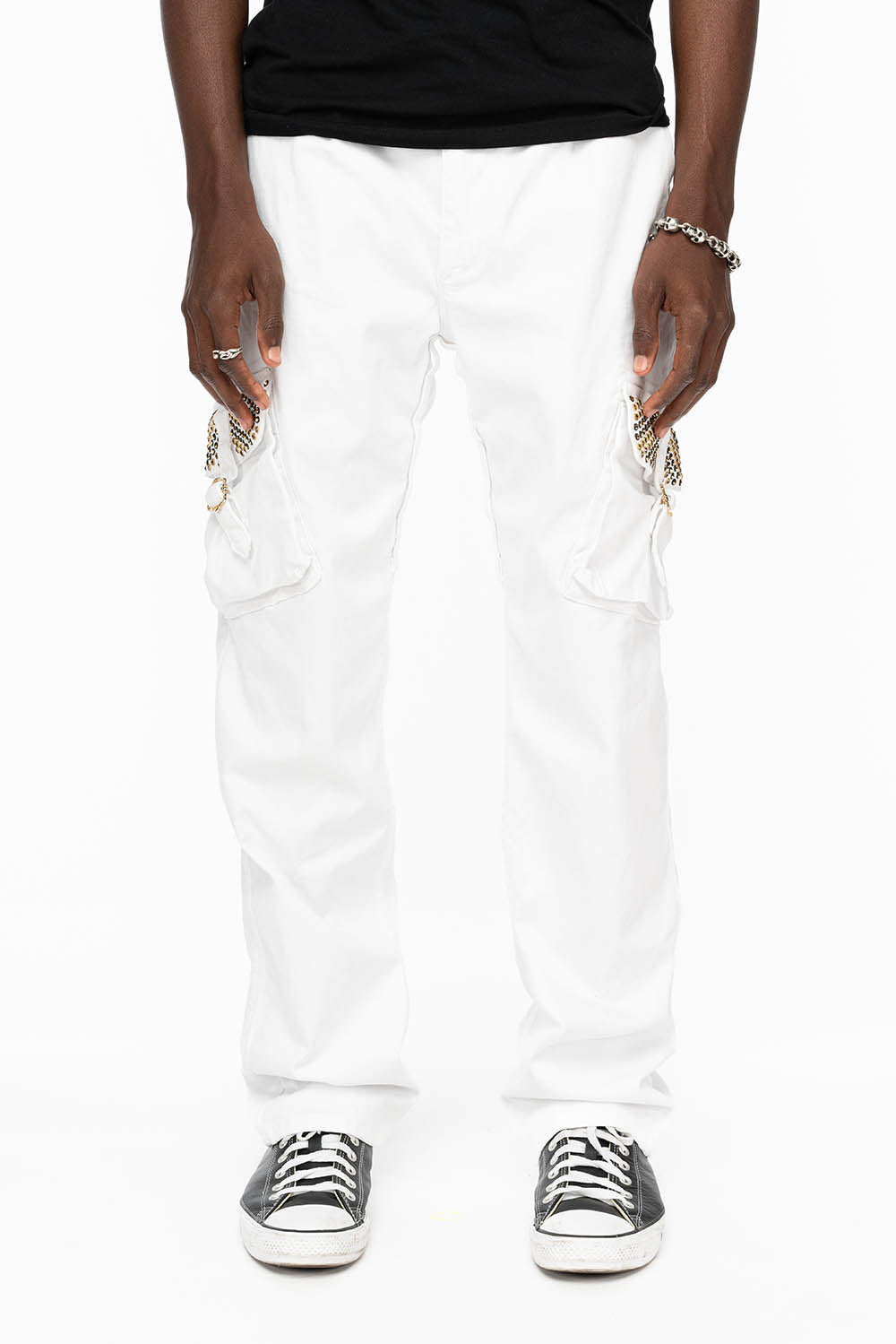 ROBINS NEW MILITARY STYLE CARGO PANTS IN WHITE WITH BLK DIAMOND AND AURUM CRYSTALS