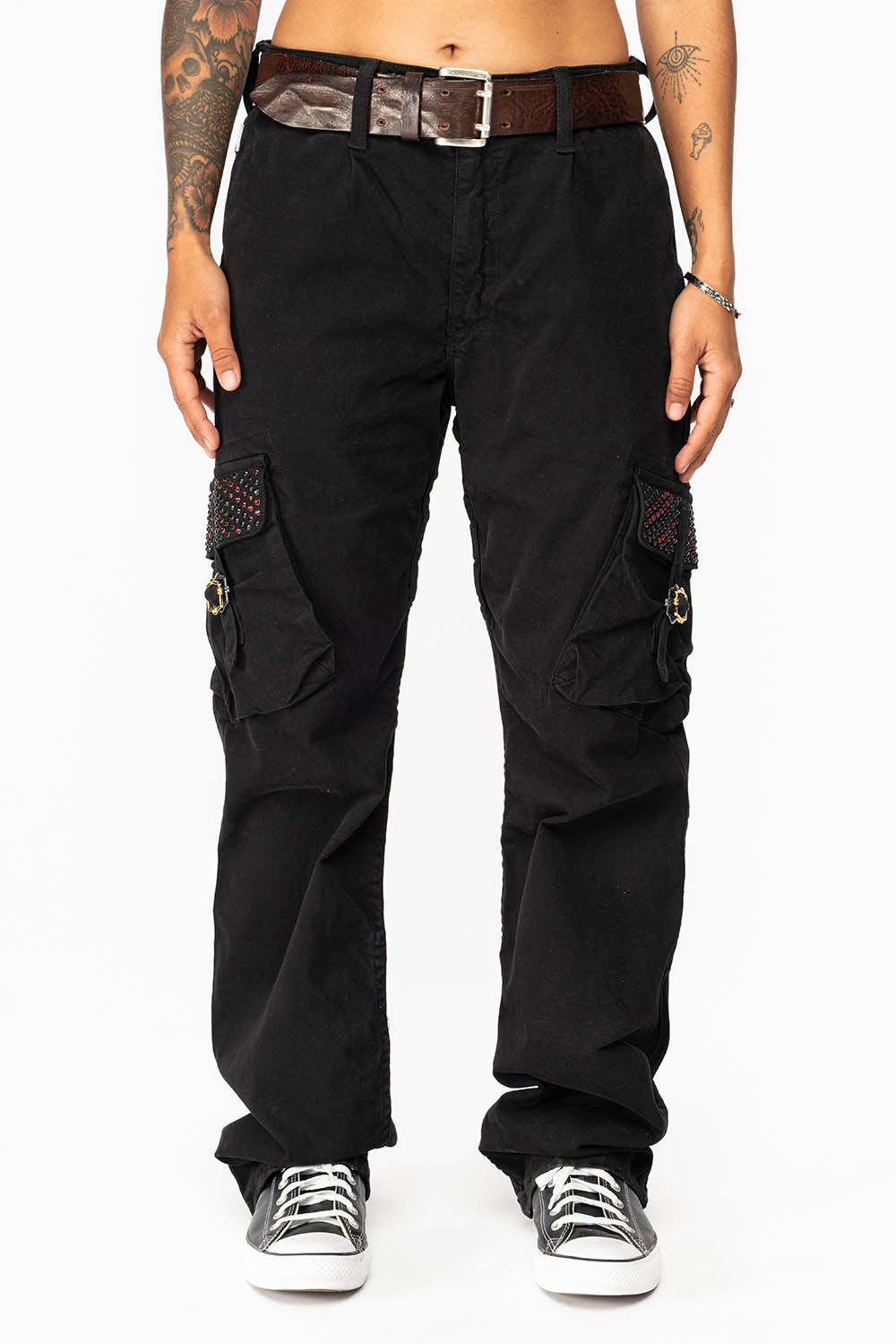 ROBINS NEW MILITARY STYLE CARGO PANTS IN BLACK WITH JET BLK AND RED CRYSTALS