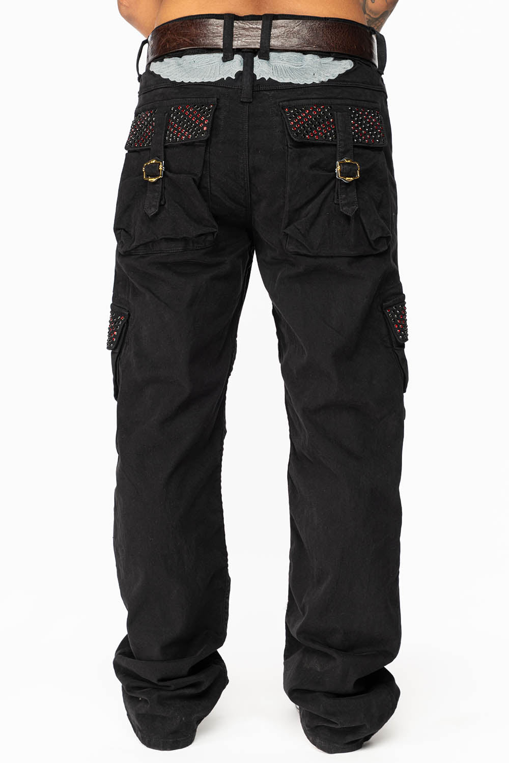 ROBINS NEW MILITARY STYLE CARGO PANTS IN BLACK WITH JET BLK AND RED CRYSTALS