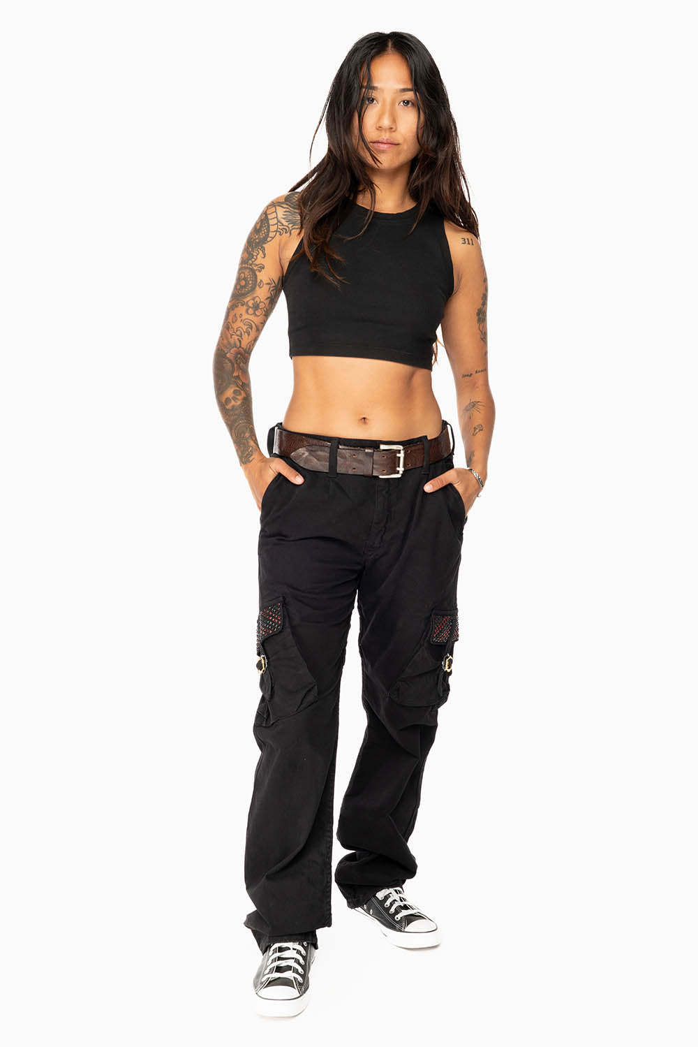 ROBINS NEW MILITARY STYLE CARGO PANTS IN BLACK WITH JET BLK AND RED CRYSTALS