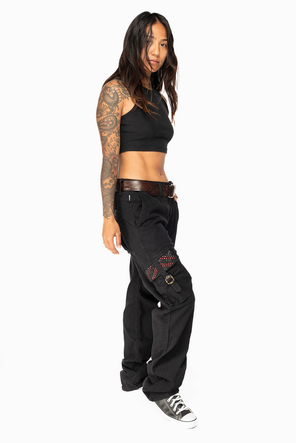 ROBINS NEW MILITARY STYLE CARGO PANTS IN BLACK WITH JET BLK AND RED CRYSTALS