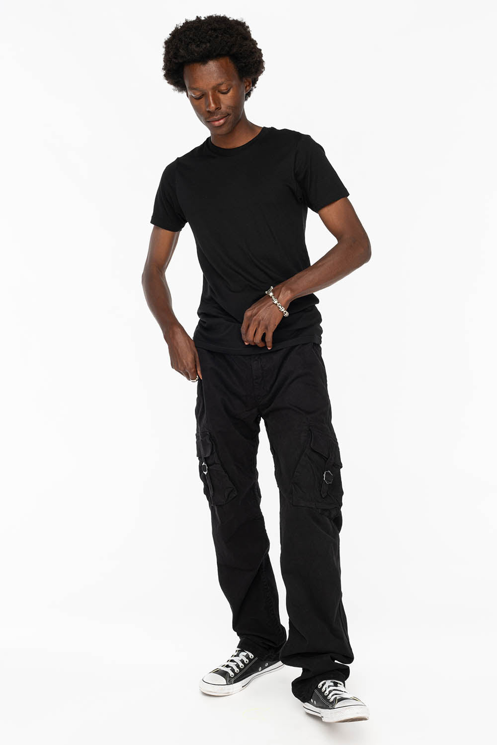 ROBINS NEW MILITARY STYLE CARGO PANTS IN PURE BLACK WITH EMBROIDERY