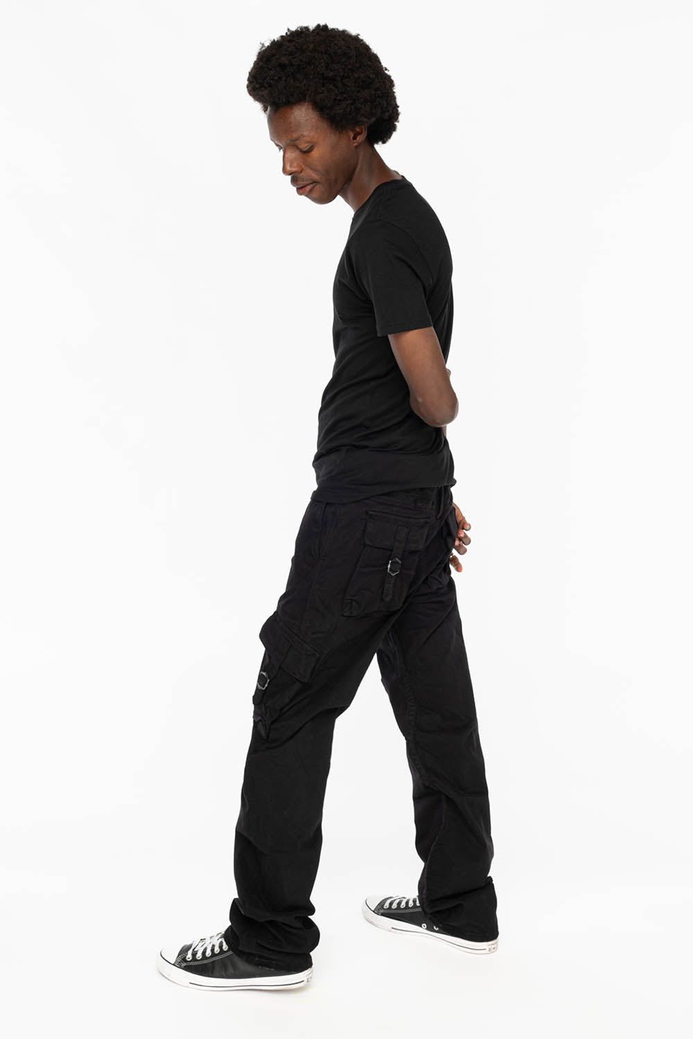 ROBINS NEW MILITARY STYLE CARGO PANTS IN PURE BLACK WITH EMBROIDERY