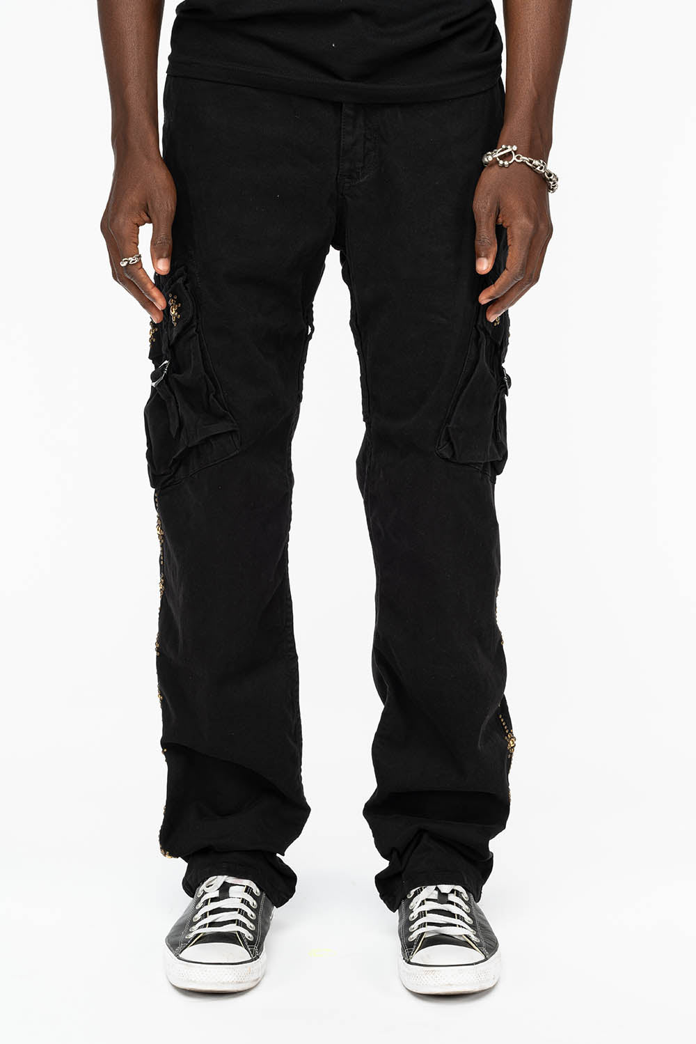 ROBINS NEW MILITARY STYLE CARGO PANTS IN BLACK WITH WITH GUNSLINGER CRYSTAL MOTIF