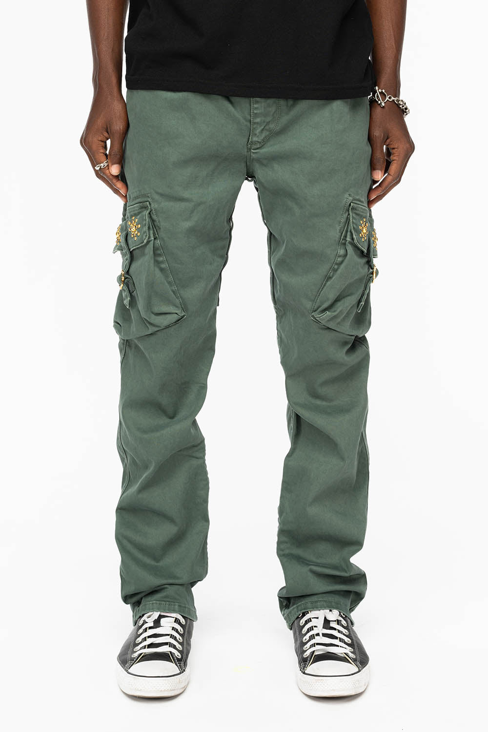 ROBINS NEW MILITARY STYLE CARGO PANTS IN FOREST WASH WITH GUNSLINGER CRYSTAL MOTIF