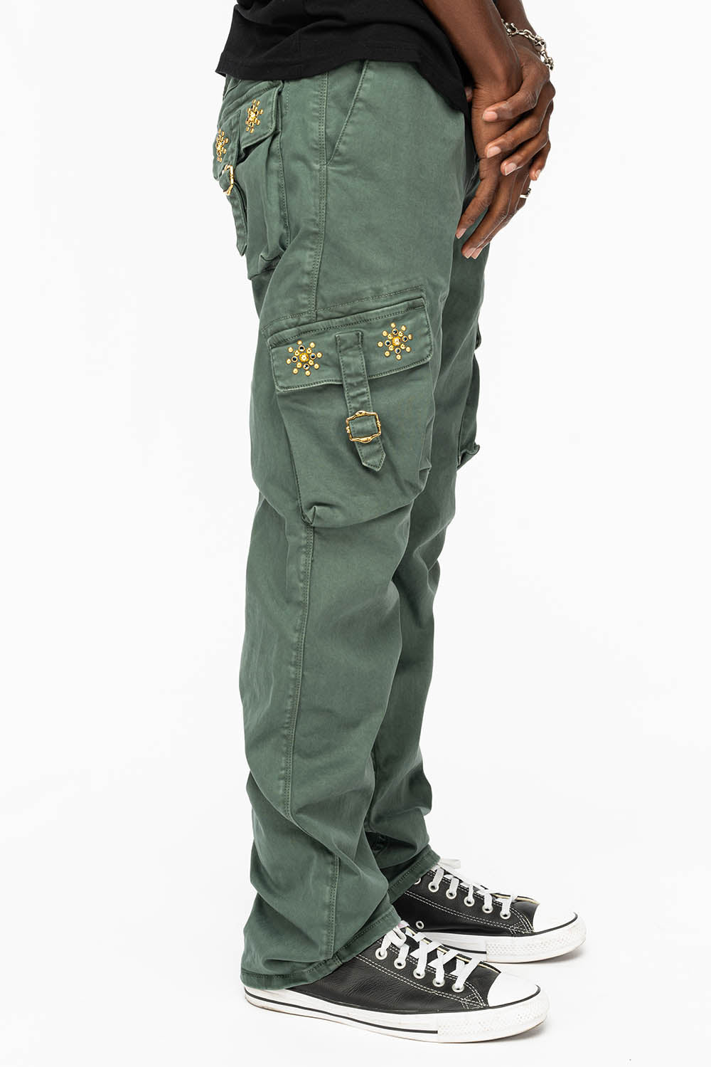 ROBINS NEW MILITARY STYLE CARGO PANTS IN FOREST WASH WITH GUNSLINGER CRYSTAL MOTIF