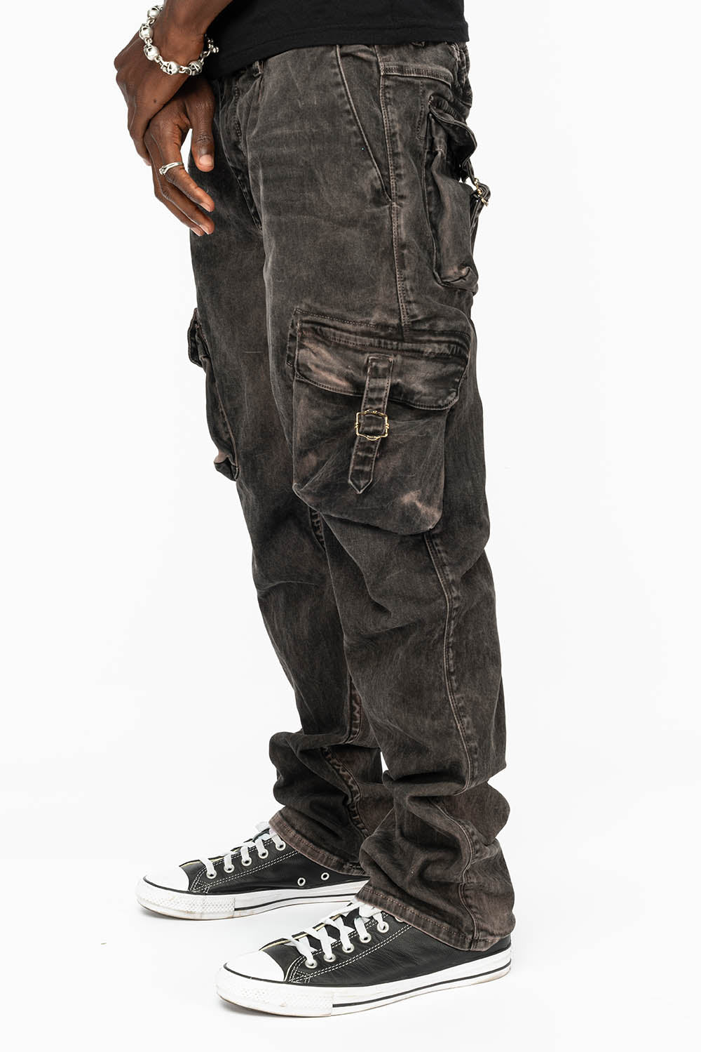 ROBINS NEW MILITARY STYLE CARGO PANTS IN VINTAGE CHARCOAL COLOR WASH