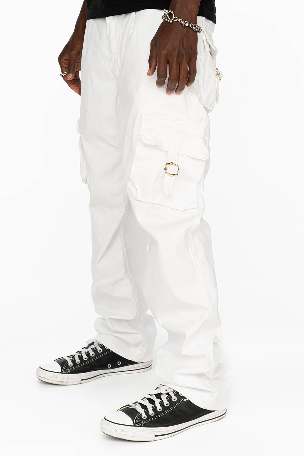 ROBINS NEW MILITARY STYLE CARGO PANTS IN WHITE WASH