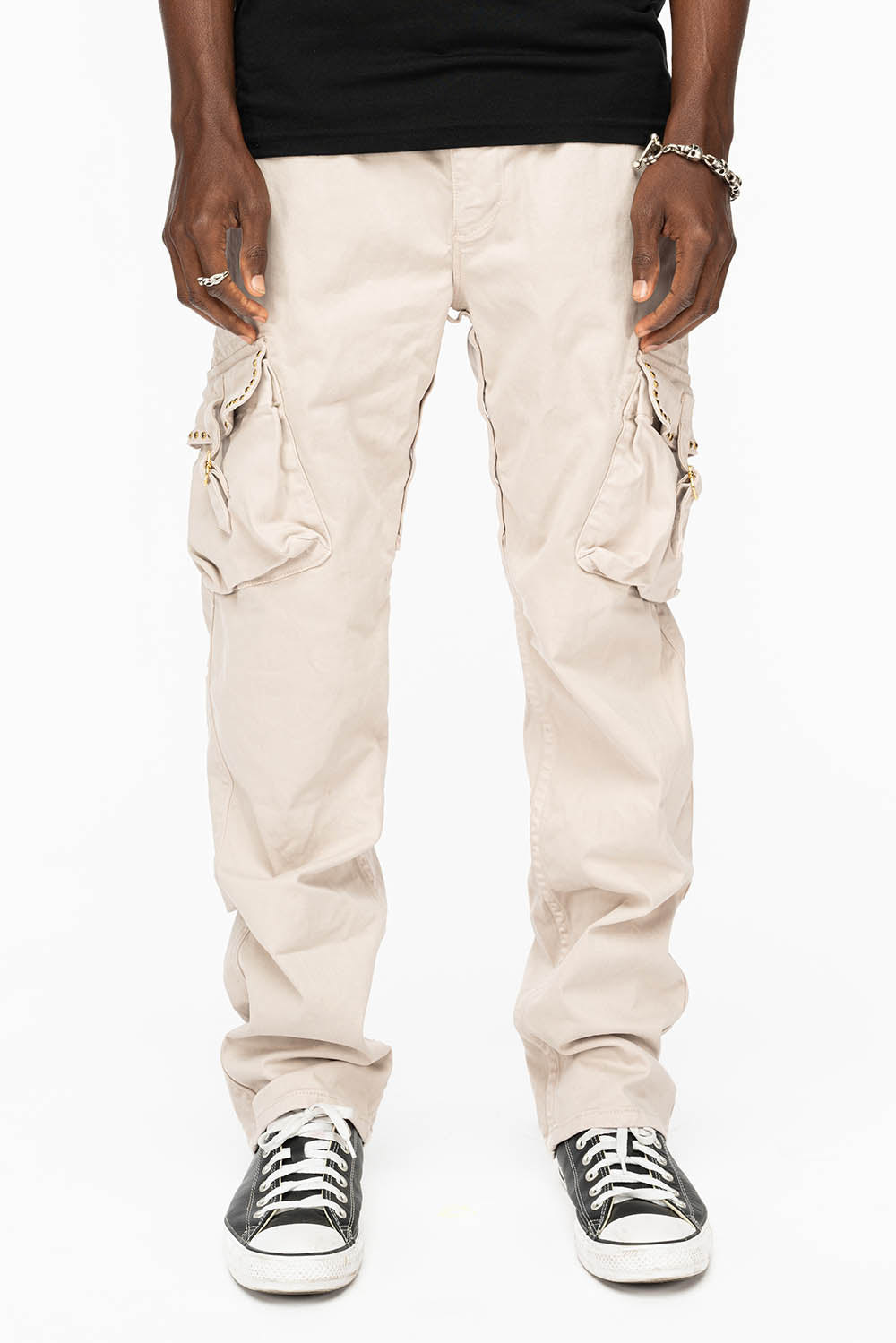 ROBINS NEW MILITARY STYLE CARGO PANTS IN STONE COLOR WASH WITH BLACK DIAMOND CRYSTALS