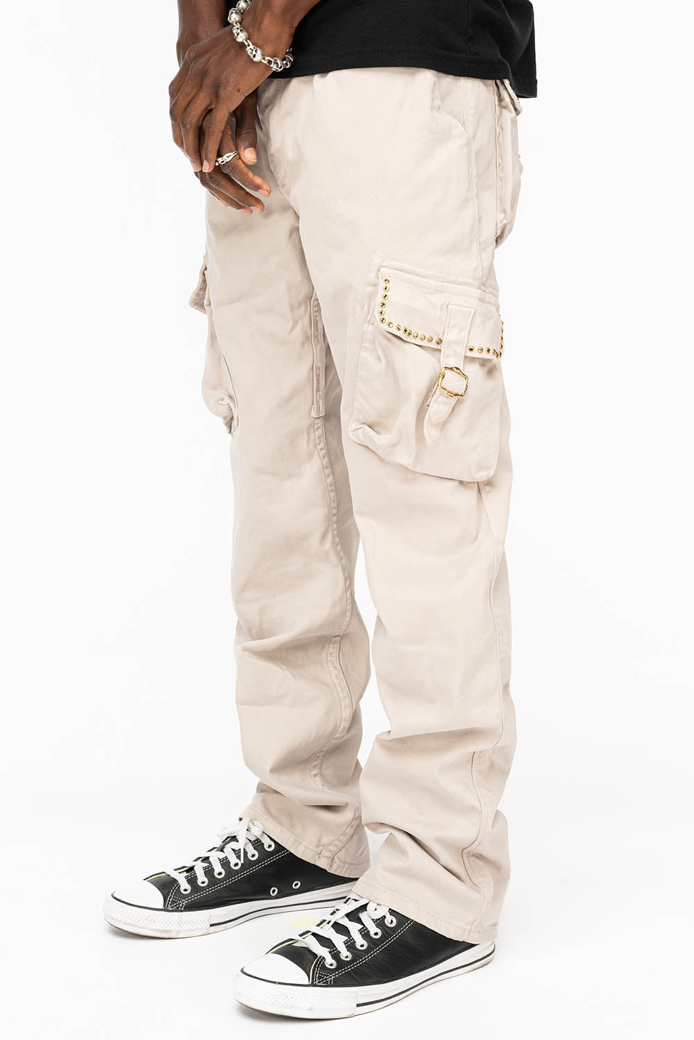 ROBINS NEW MILITARY STYLE CARGO PANTS IN STONE COLOR WASH WITH BLACK DIAMOND CRYSTALS