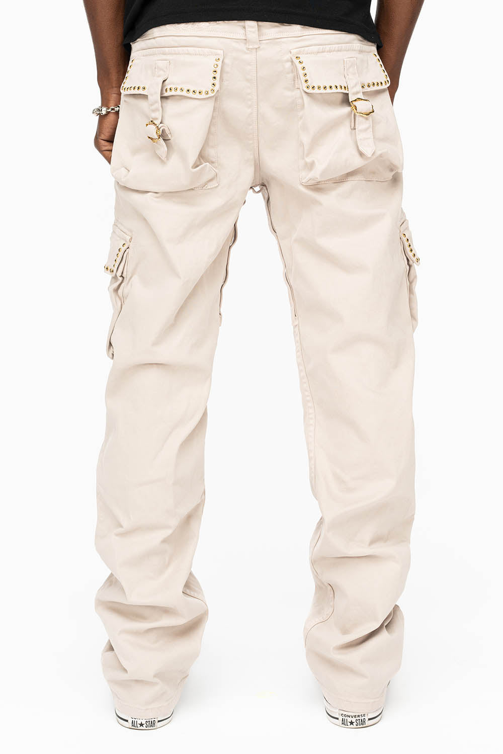 ROBINS NEW MILITARY STYLE CARGO PANTS IN STONE COLOR WASH WITH BLACK DIAMOND CRYSTALS