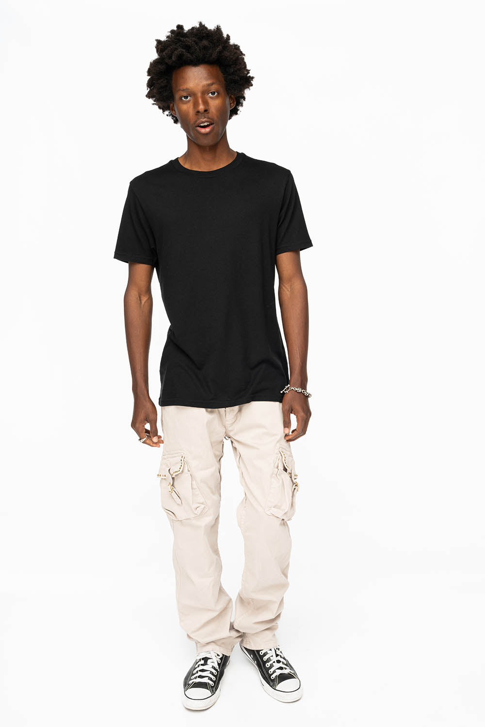 ROBINS NEW MILITARY STYLE CARGO PANTS IN STONE COLOR WASH WITH BLACK DIAMOND CRYSTALS