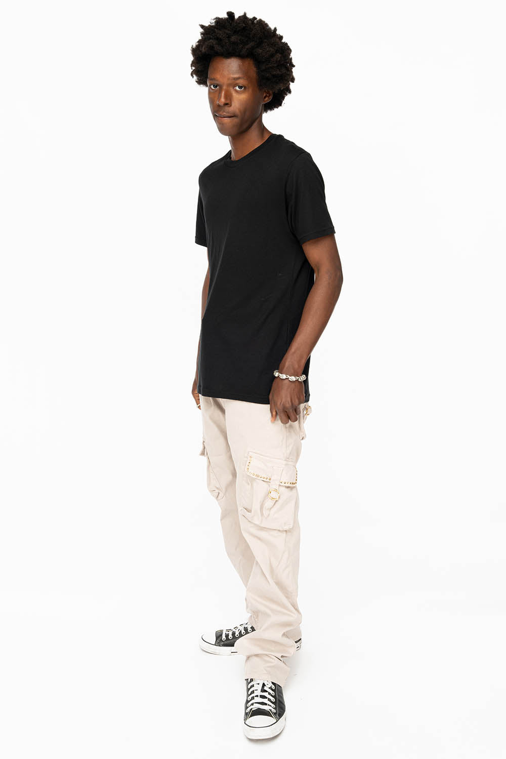 ROBINS NEW MILITARY STYLE CARGO PANTS IN STONE COLOR WASH WITH BLACK DIAMOND CRYSTALS