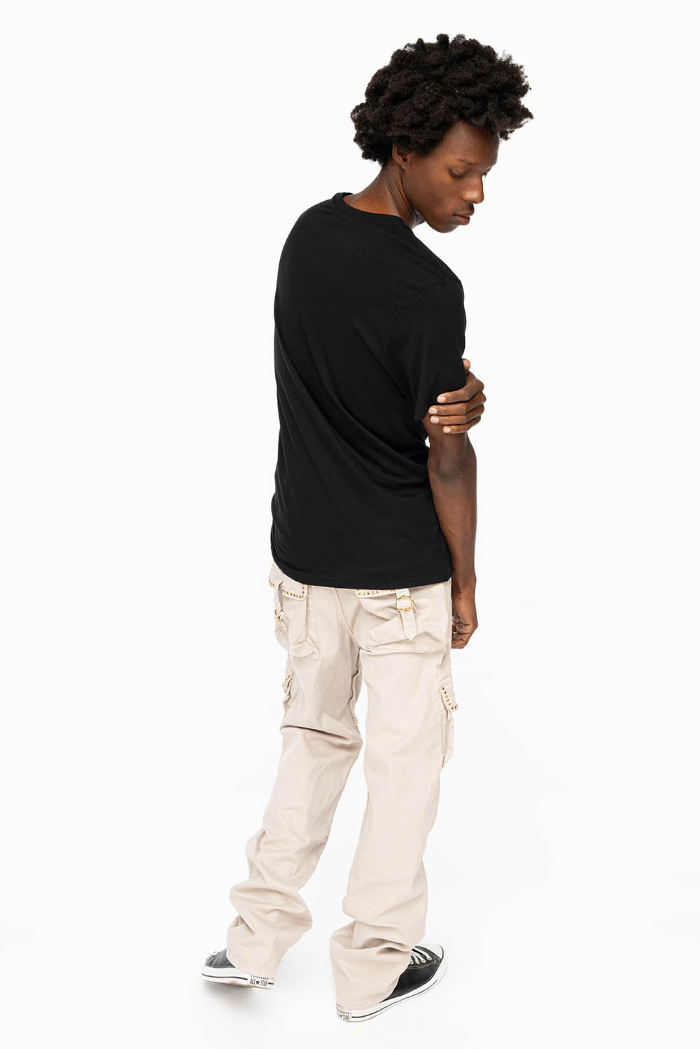 ROBINS NEW MILITARY STYLE CARGO PANTS IN STONE COLOR WASH WITH BLACK DIAMOND CRYSTALS