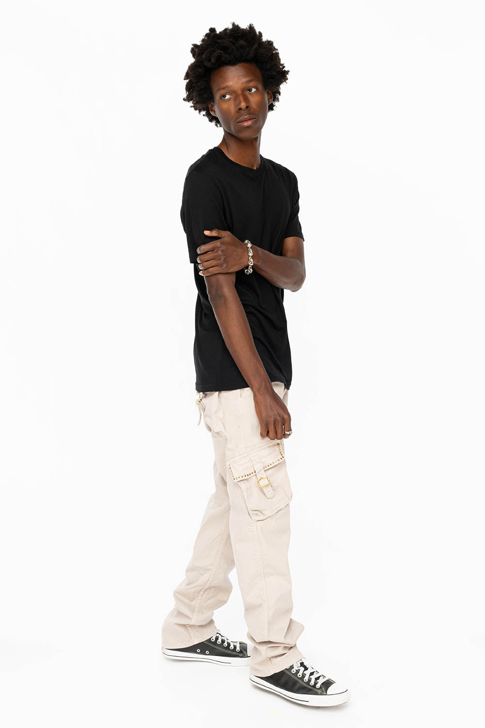 ROBINS NEW MILITARY STYLE CARGO PANTS IN STONE COLOR WASH WITH BLACK DIAMOND CRYSTALS