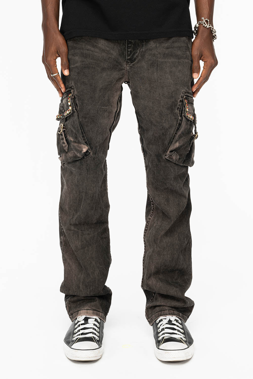 ROBINS NEW MILITARY STYLE CARGO PANTS IN VINTAGE CHARCOAL COLOR WASH WITH RED AB CRYSTALS