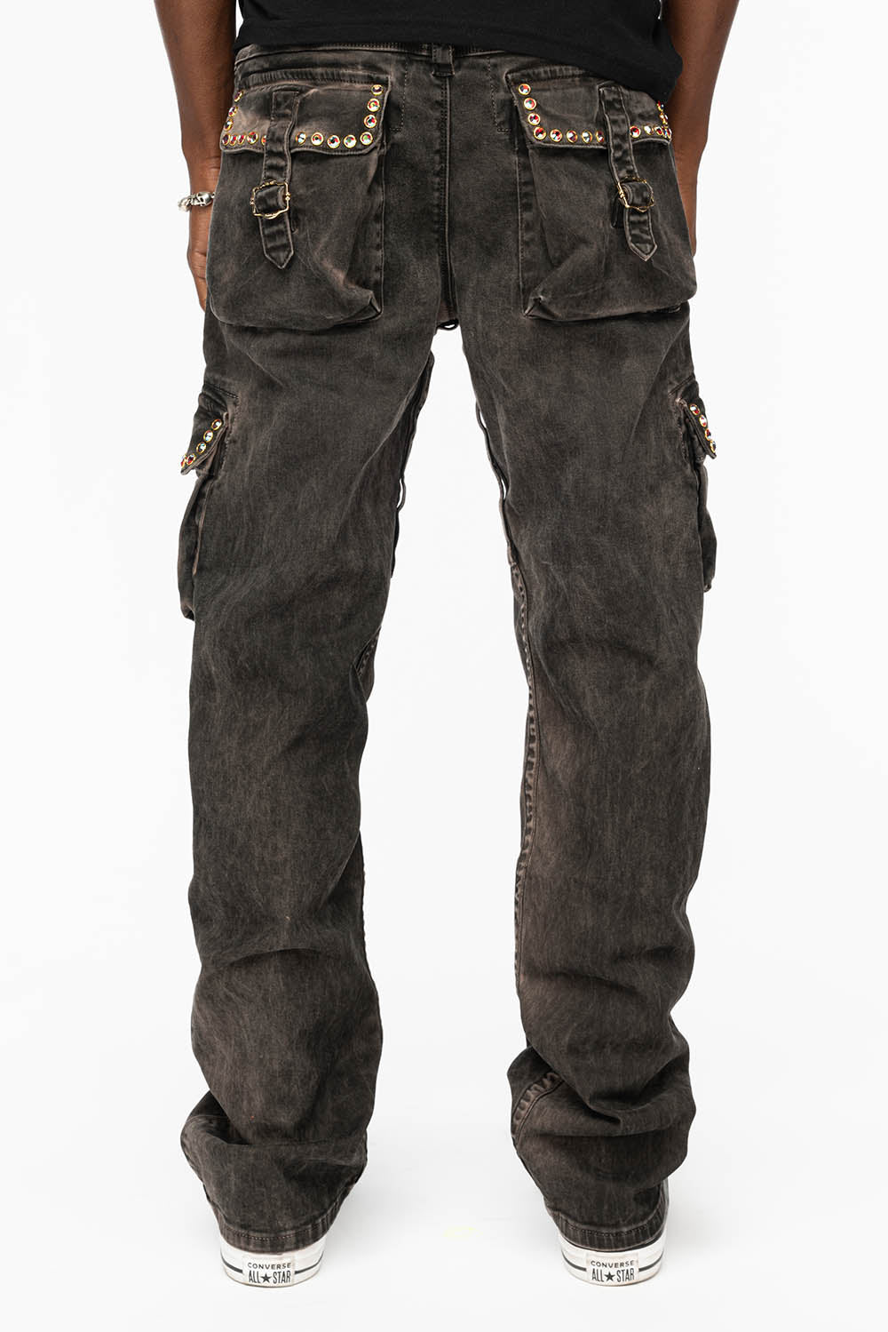 ROBINS NEW MILITARY STYLE CARGO PANTS IN VINTAGE CHARCOAL COLOR WASH WITH RED AB CRYSTALS