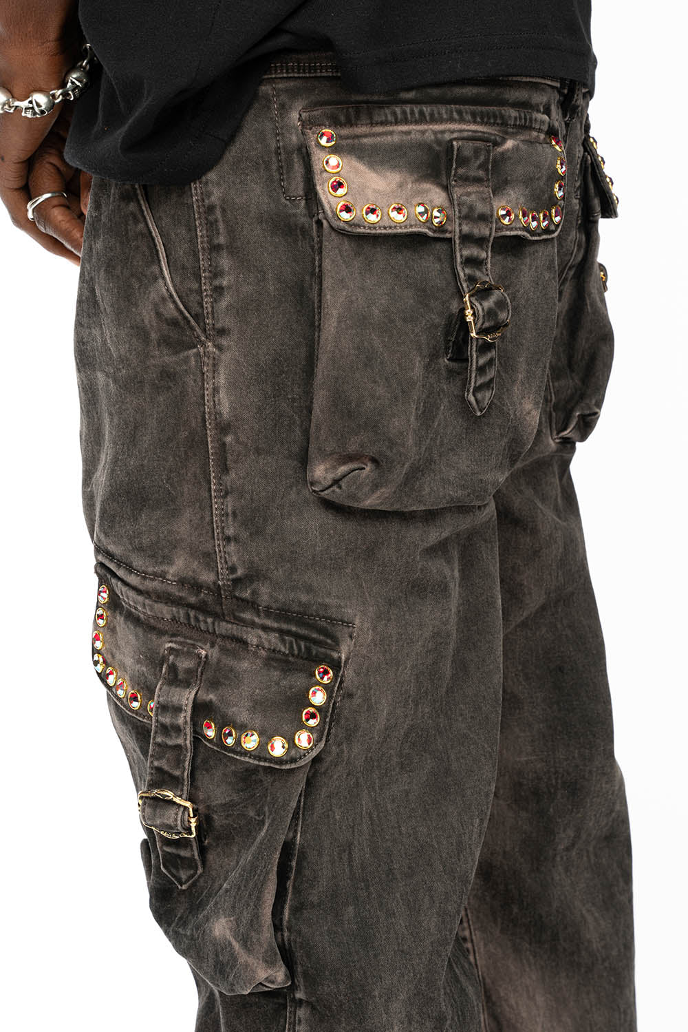ROBINS NEW MILITARY STYLE CARGO PANTS IN VINTAGE CHARCOAL COLOR WASH WITH RED AB CRYSTALS