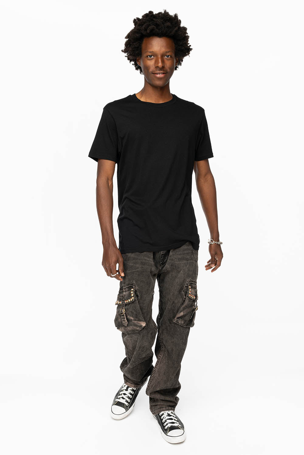 ROBINS NEW MILITARY STYLE CARGO PANTS IN VINTAGE CHARCOAL COLOR WASH WITH RED AB CRYSTALS