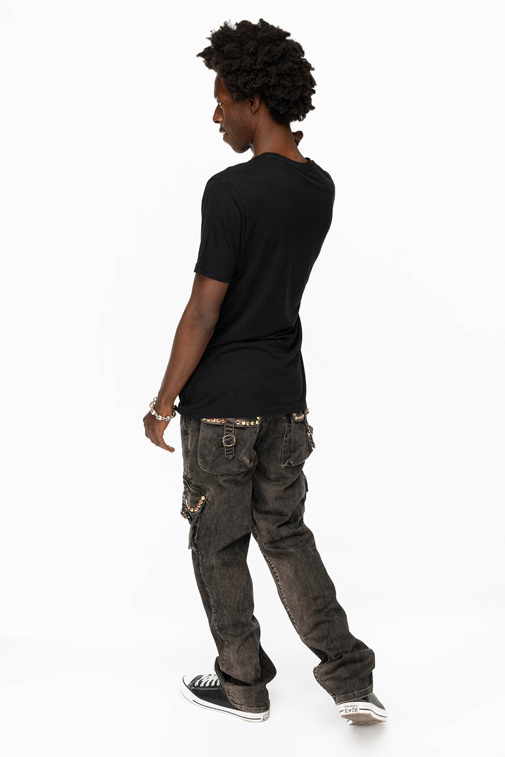 ROBINS NEW MILITARY STYLE CARGO PANTS IN VINTAGE CHARCOAL COLOR WASH WITH RED AB CRYSTALS