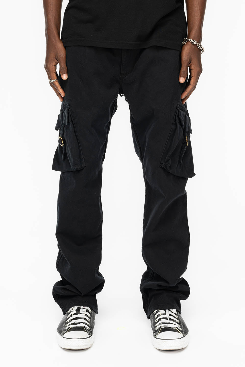 ROBINS NEW MILITARY STYLE CARGO PANTS IN PURE BLACK WITH EMBROIDERY
