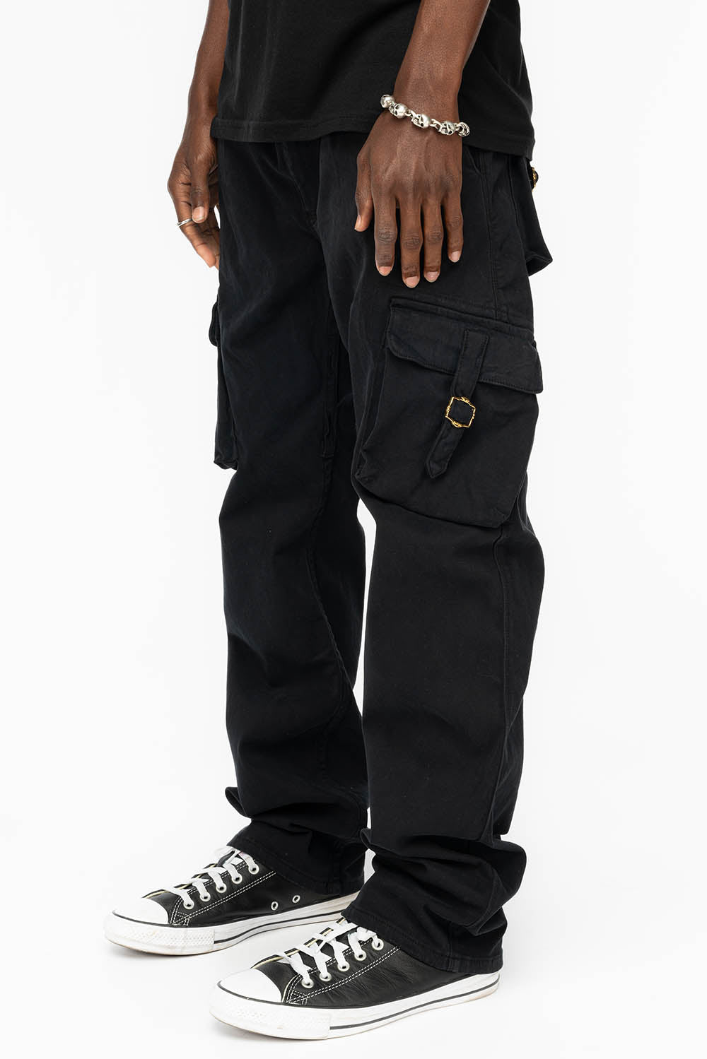 ROBINS NEW MILITARY STYLE CARGO PANTS IN PURE BLACK WITH EMBROIDERY