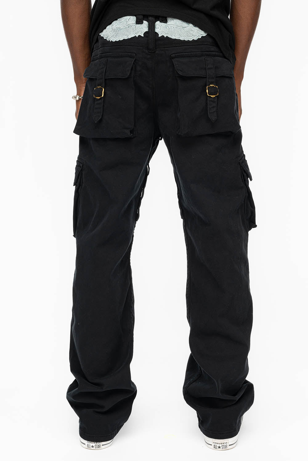 ROBINS NEW MILITARY STYLE CARGO PANTS IN PURE BLACK WITH EMBROIDERY