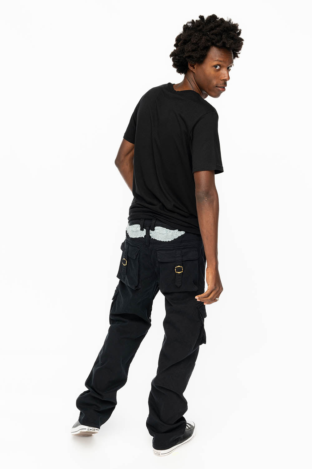 ROBINS NEW MILITARY STYLE CARGO PANTS IN PURE BLACK WITH EMBROIDERY