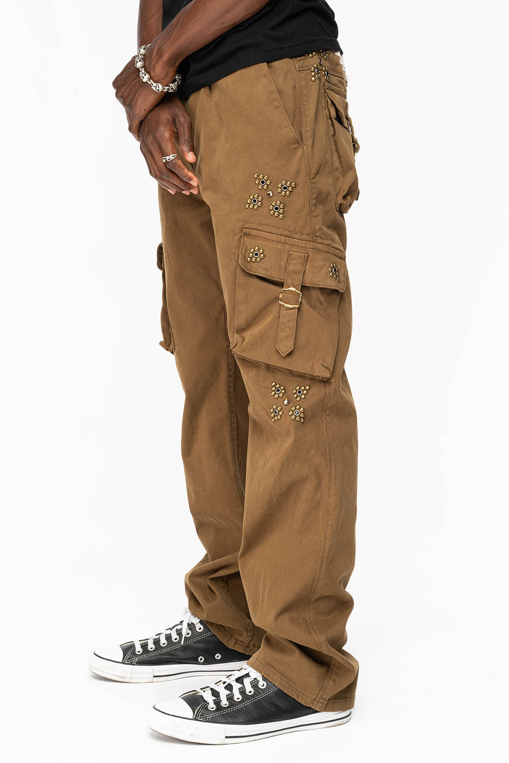 ROBINS NEW MILITARY STYLE CARGO PANTS IN AVOCADO WITH WESTERN CRYSTAL MOTIF