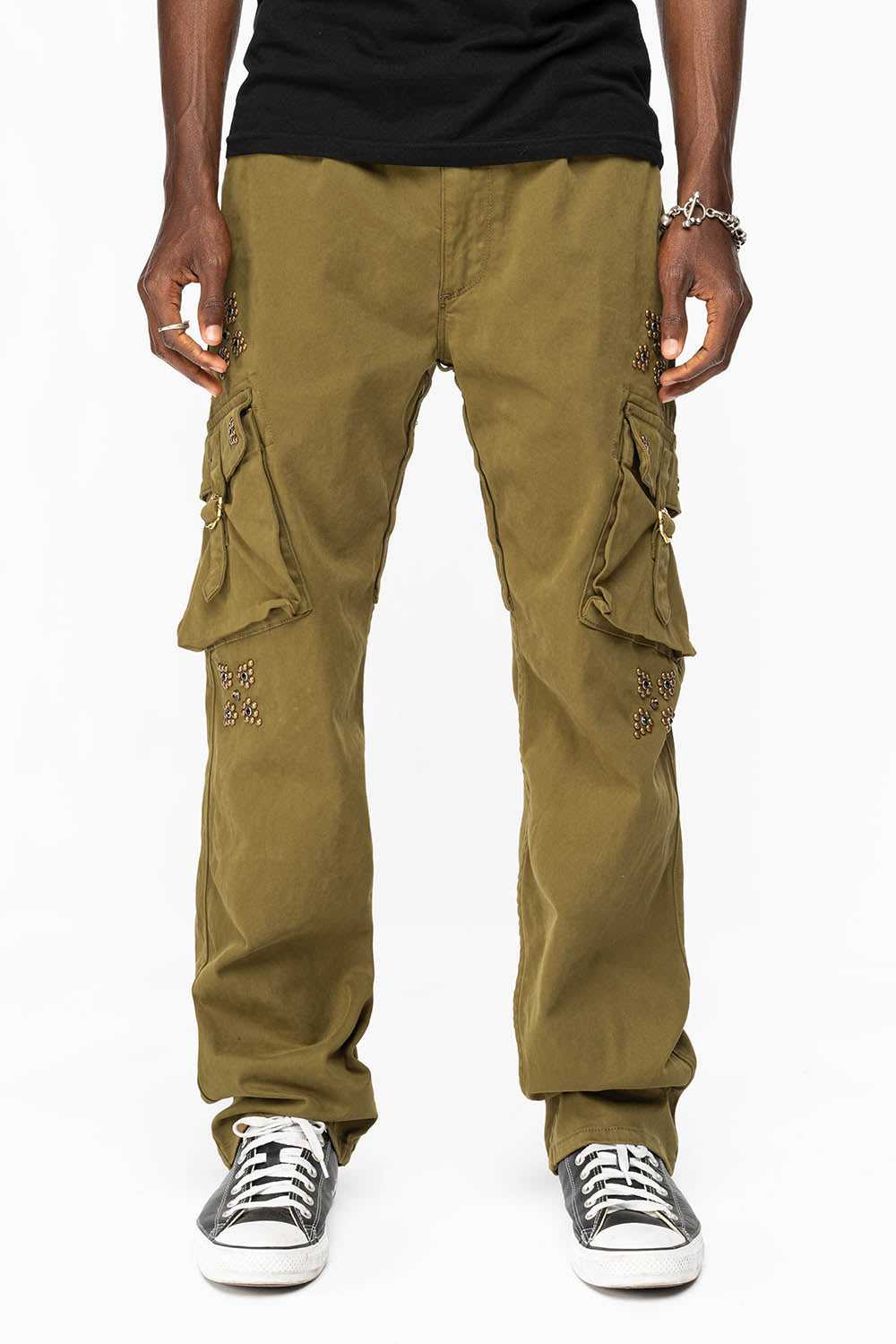 ROBINS NEW MILITARY STYLE CARGO PANTS IN OLIVE WITH WESTERN CRYSTAL MOTIF