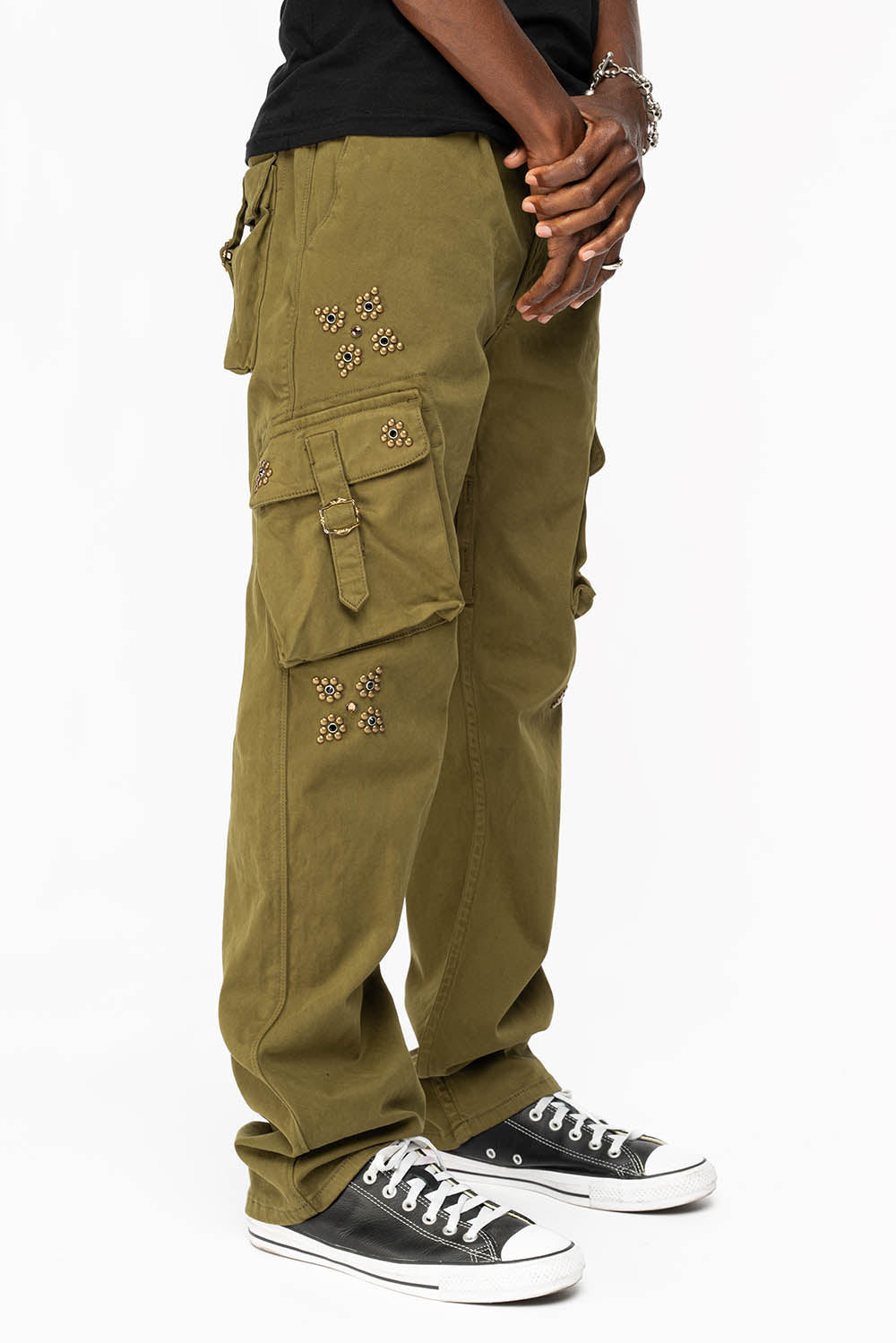 ROBINS NEW MILITARY STYLE CARGO PANTS IN OLIVE WITH WESTERN CRYSTAL MOTIF