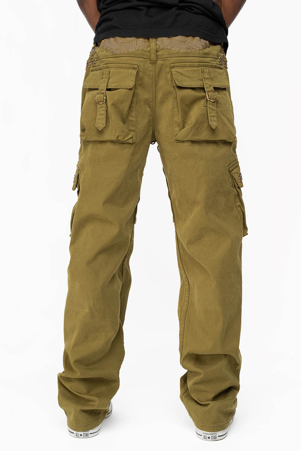 ROBINS NEW MILITARY STYLE CARGO PANTS IN OLIVE WITH WESTERN CRYSTAL MOTIF