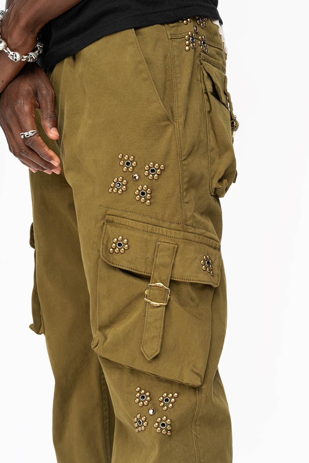 ROBINS NEW MILITARY STYLE CARGO PANTS IN OLIVE WITH WESTERN CRYSTAL MOTIF