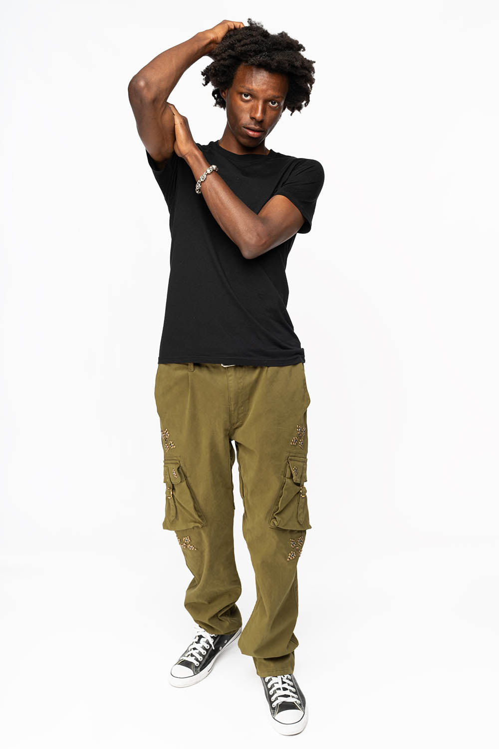 ROBINS NEW MILITARY STYLE CARGO PANTS IN OLIVE WITH WESTERN CRYSTAL MOTIF