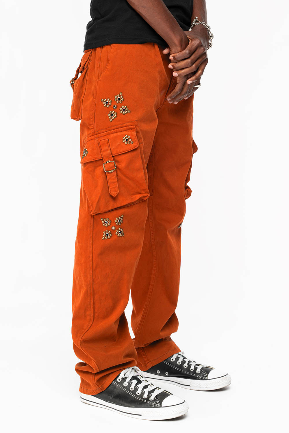 ROBINS NEW MILITARY STYLE CARGO PANTS IN ORANGE WITH WESTERN CRYSTAL MOTIF