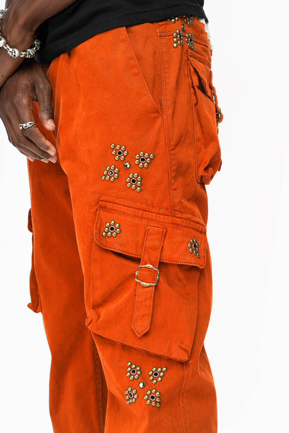 ROBINS NEW MILITARY STYLE CARGO PANTS IN ORANGE WITH WESTERN CRYSTAL MOTIF