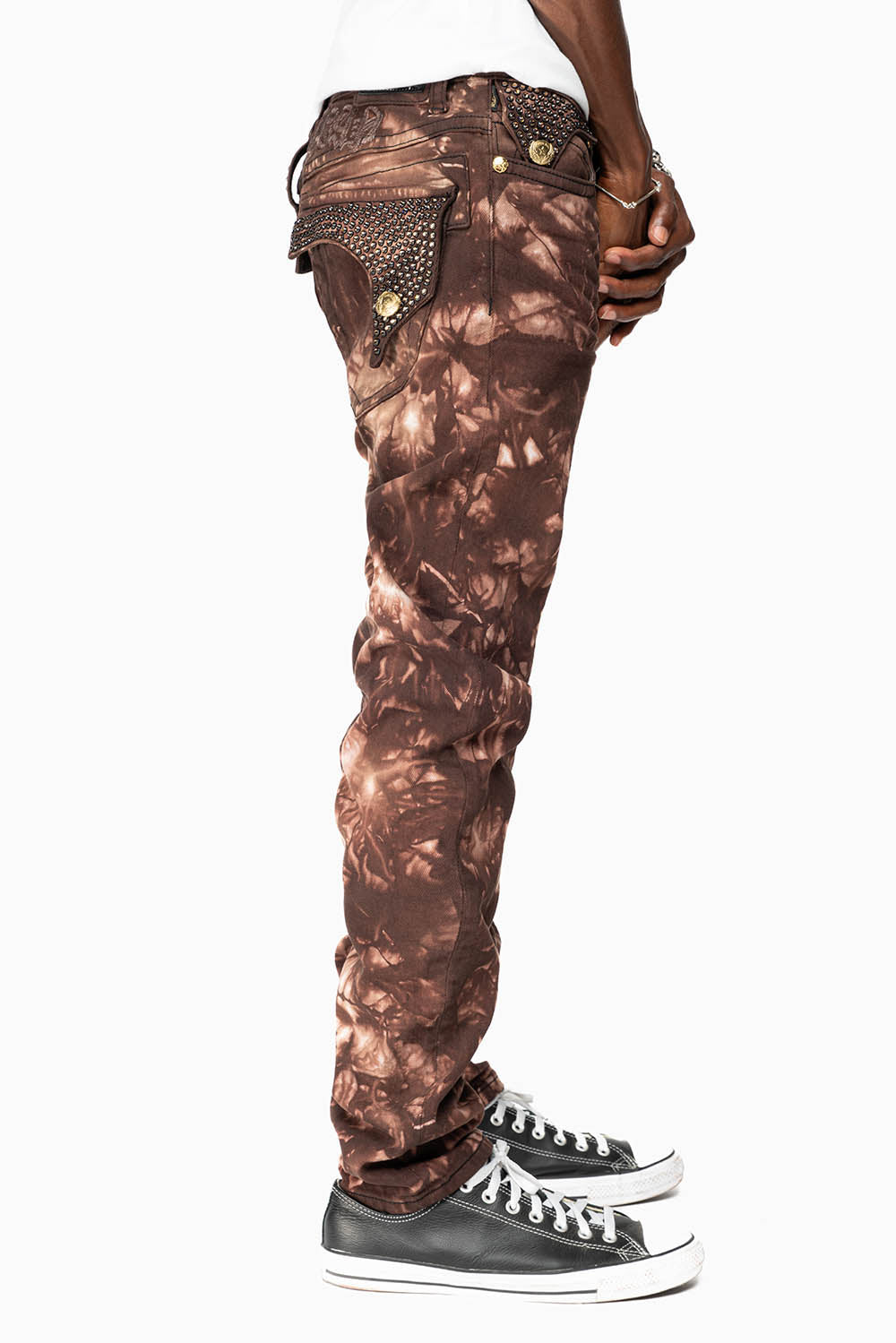 KILLER FLAP MENS SKINNY JEANS IN ASTRO BROWN WITH GOTHIC EMBROIDERY AND CRYSTALS