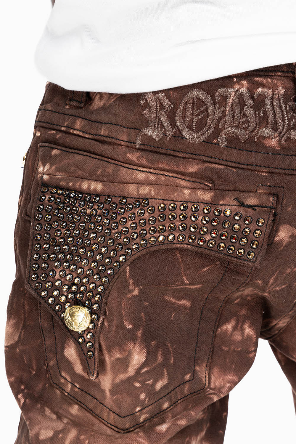 KILLER FLAP MENS SKINNY JEANS IN ASTRO BROWN WITH GOTHIC EMBROIDERY AND CRYSTALS