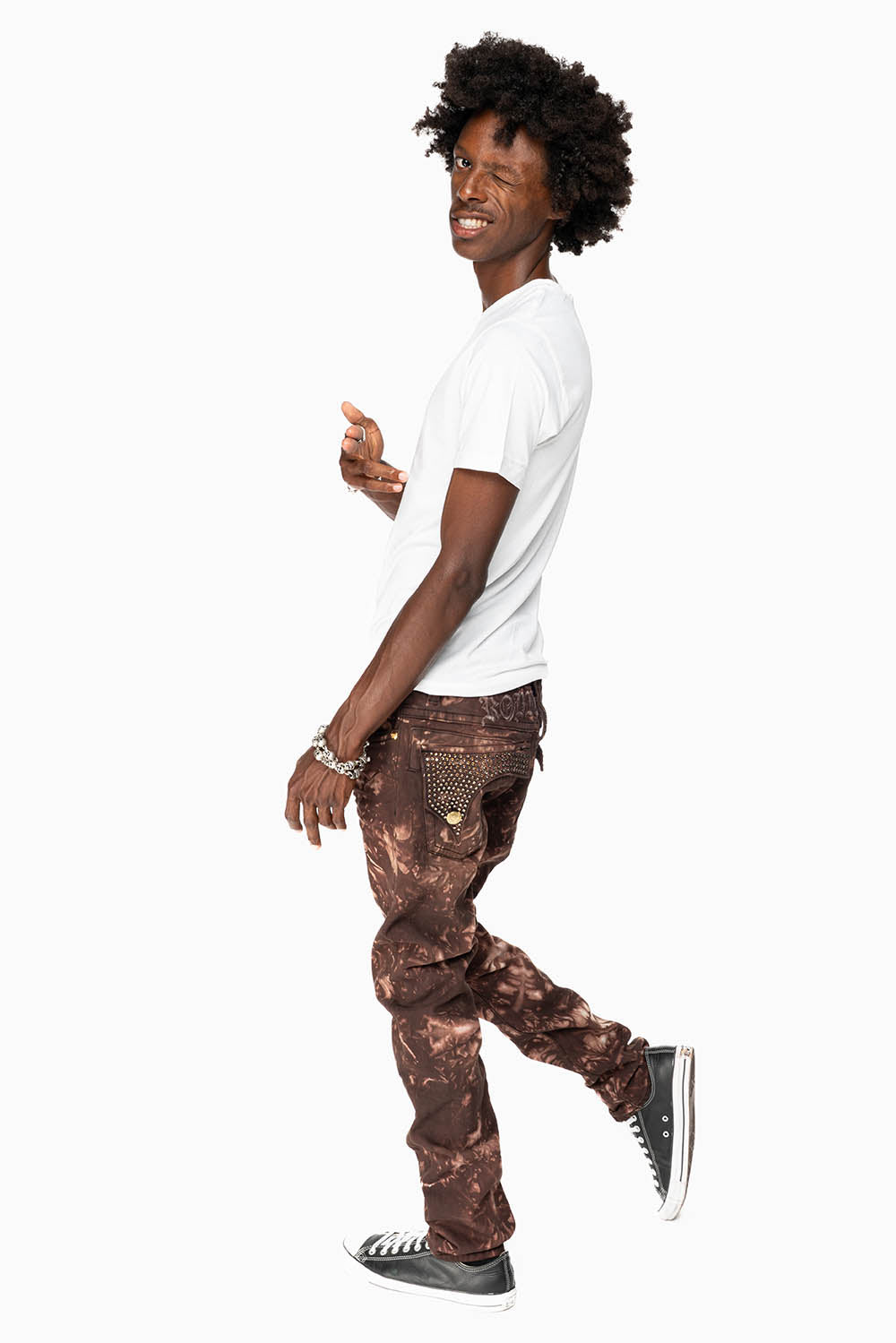 KILLER FLAP MENS SKINNY JEANS IN ASTRO BROWN WITH GOTHIC EMBROIDERY AND CRYSTALS