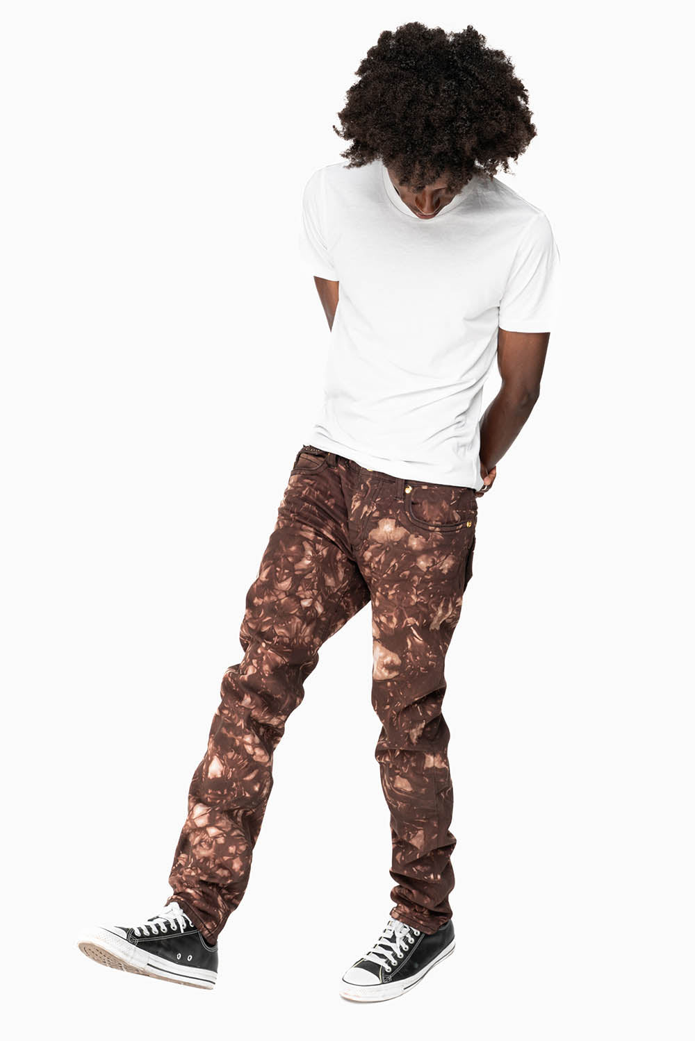 KILLER FLAP MENS SKINNY JEANS IN ASTRO BROWN WITH GOTHIC EMBROIDERY AND CRYSTALS