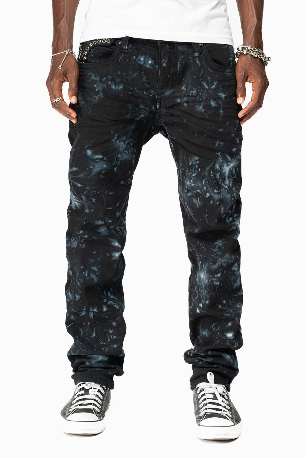 KILLER FLAP SKINNY JEANS IN ASTRO BLUE WITH GOTHIC EMBROIDERY AND CRYSTALS