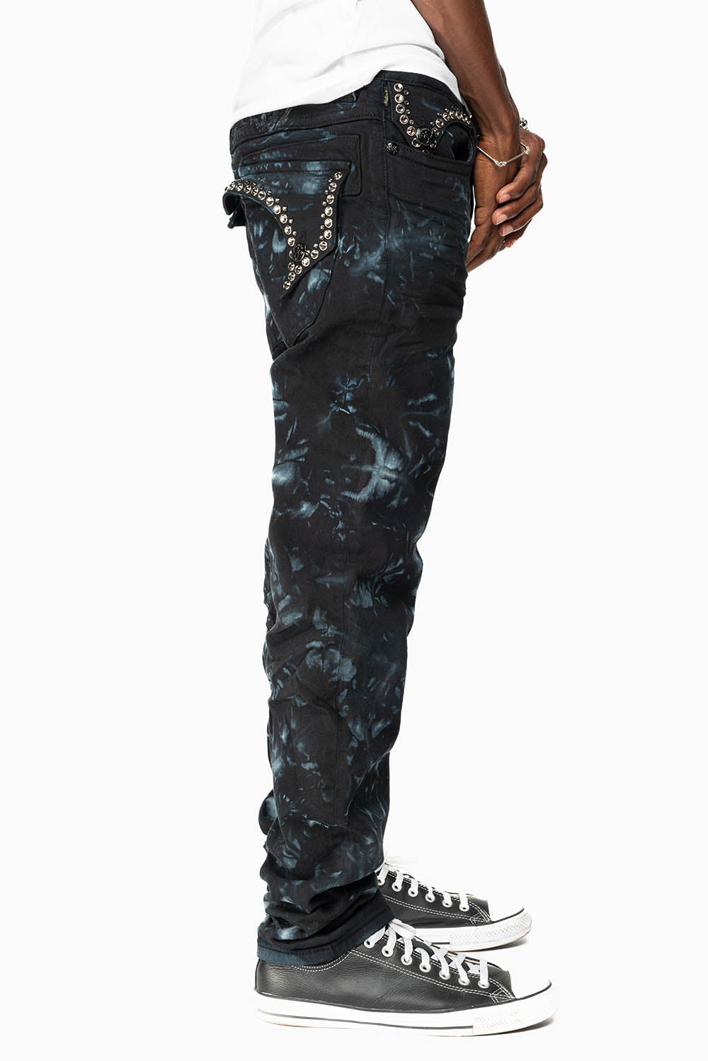 KILLER FLAP SKINNY JEANS IN ASTRO BLUE WITH GOTHIC EMBROIDERY AND CRYSTALS