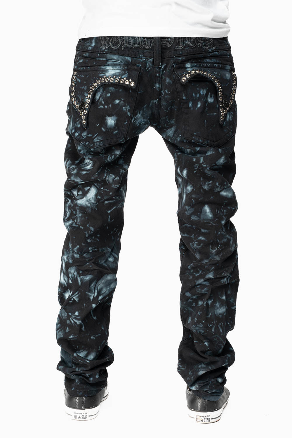KILLER FLAP SKINNY JEANS IN ASTRO BLUE WITH GOTHIC EMBROIDERY AND CRYSTALS
