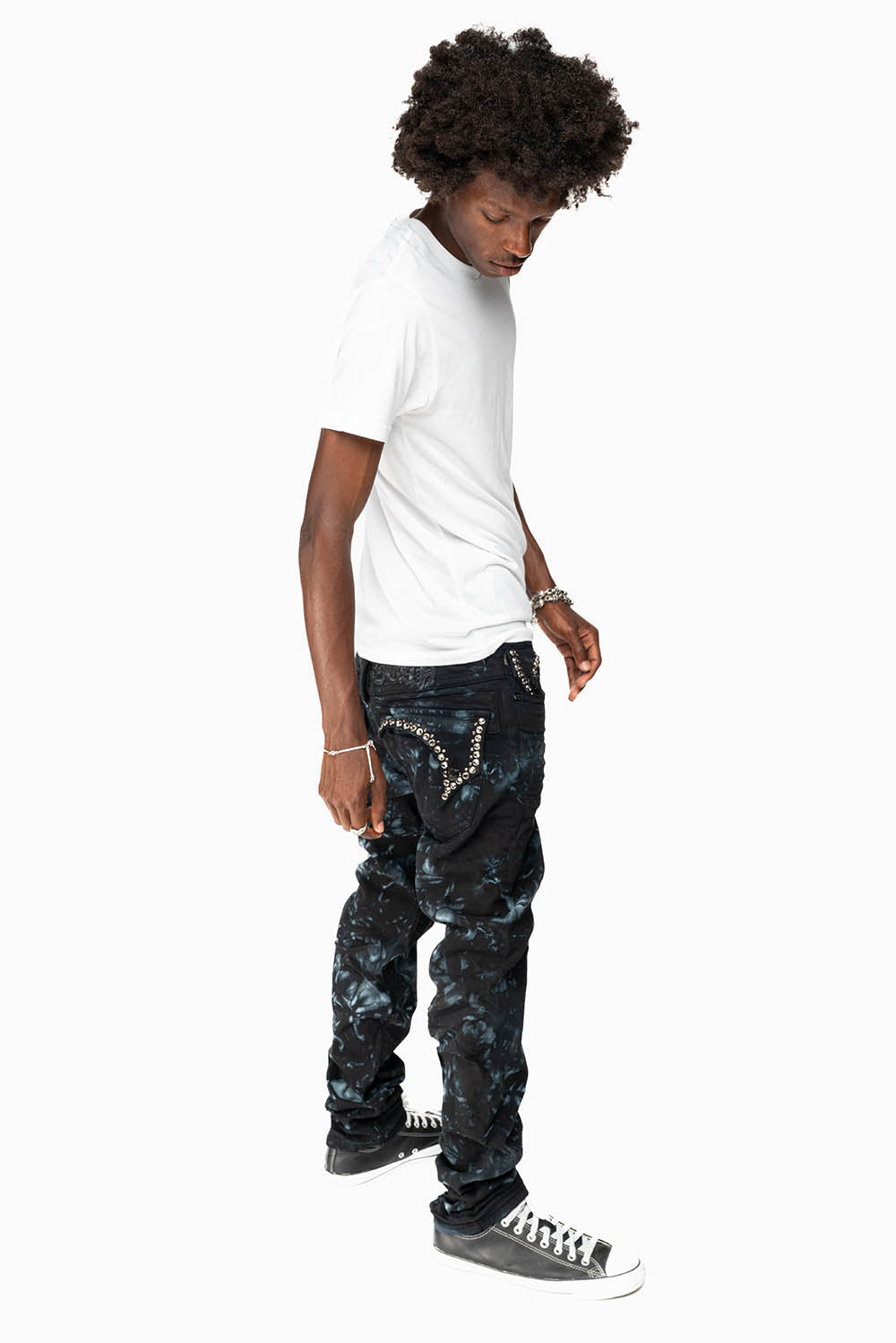 KILLER FLAP SKINNY JEANS IN ASTRO BLUE WITH GOTHIC EMBROIDERY AND CRYSTALS