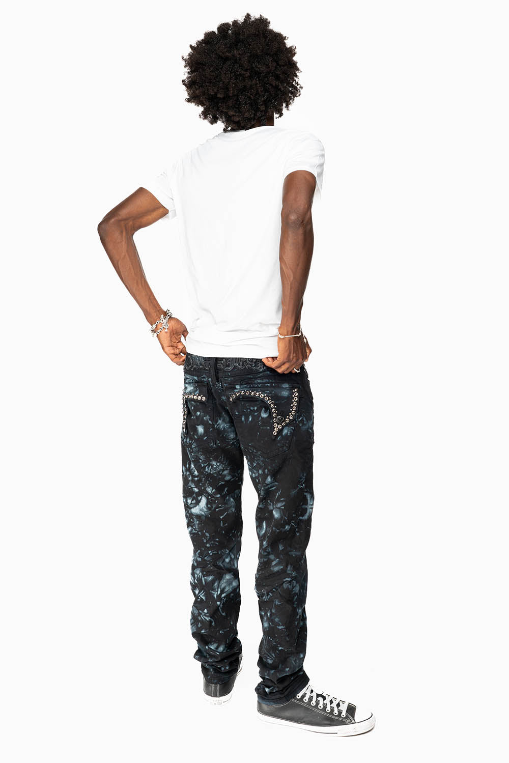 KILLER FLAP SKINNY JEANS IN ASTRO BLUE WITH GOTHIC EMBROIDERY AND CRYSTALS