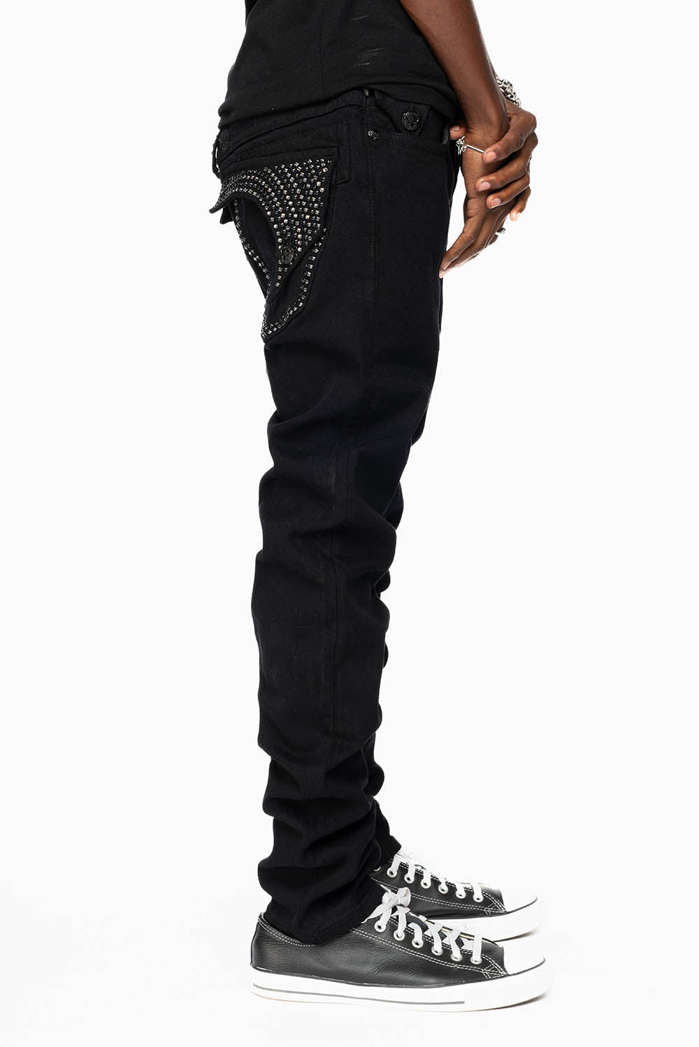 KILLER FLAP SKINNY JEANS IN PURE BLACK WASH WITH CRYSTALS