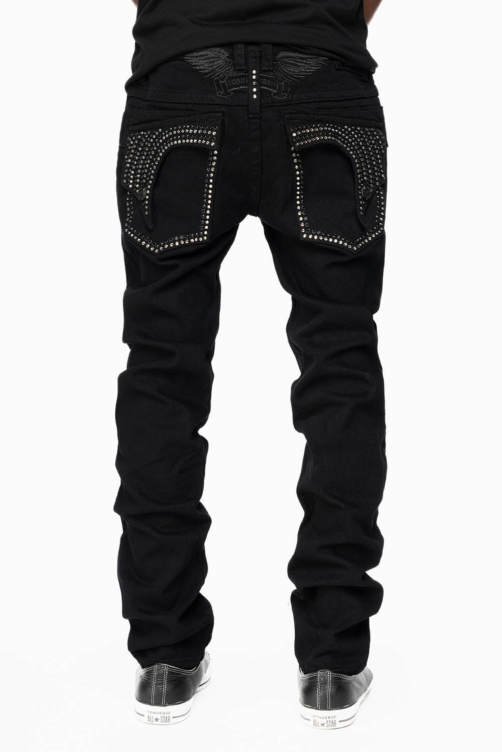 KILLER FLAP SKINNY JEANS IN PURE BLACK WASH WITH CRYSTALS