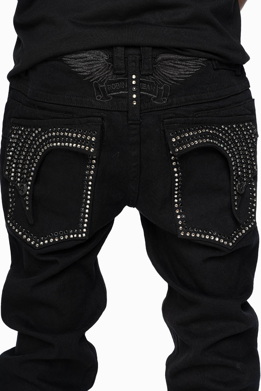 KILLER FLAP SKINNY JEANS IN PURE BLACK WASH WITH CRYSTALS