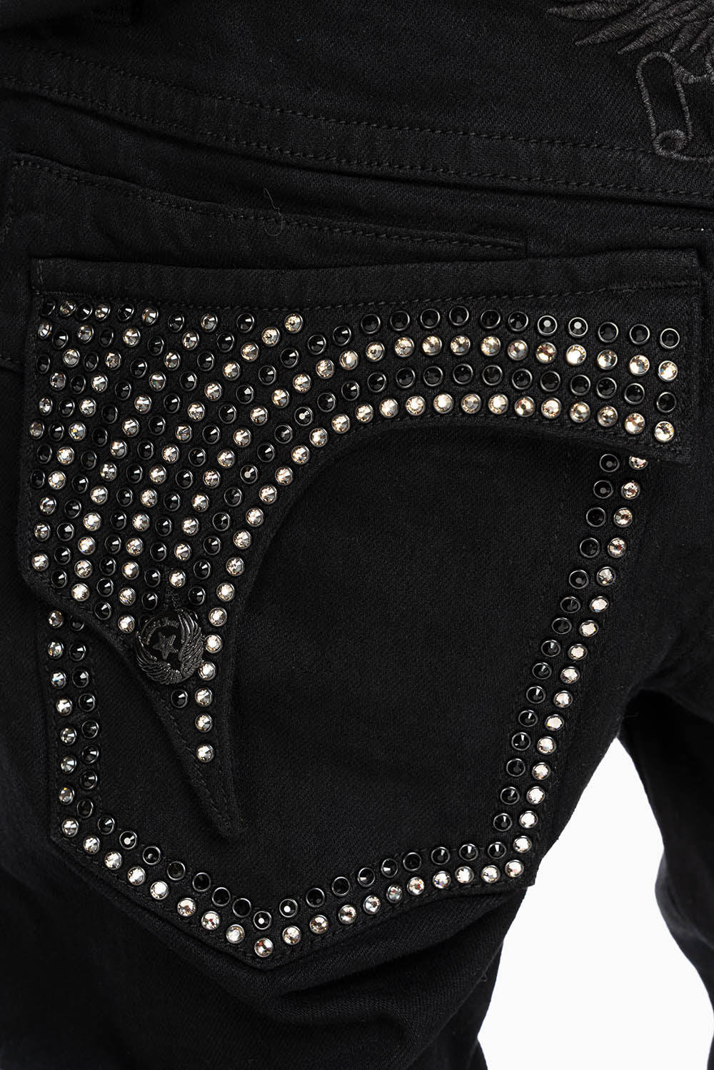 KILLER FLAP SKINNY JEANS IN PURE BLACK WASH WITH CRYSTALS