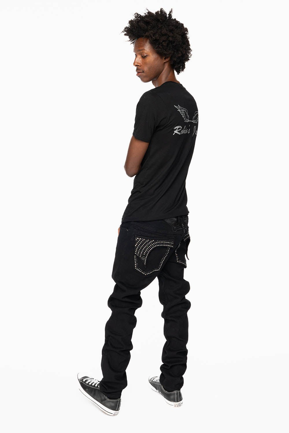 KILLER FLAP SKINNY JEANS IN PURE BLACK WASH WITH CRYSTALS